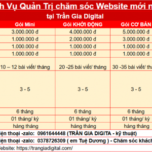 Bảng b&aacute;o dịch vụ gi&aacute; quản trị chăm s&oacute;c website trọn g&oacute;i chuy&ecirc;n nghiệp mới nhất