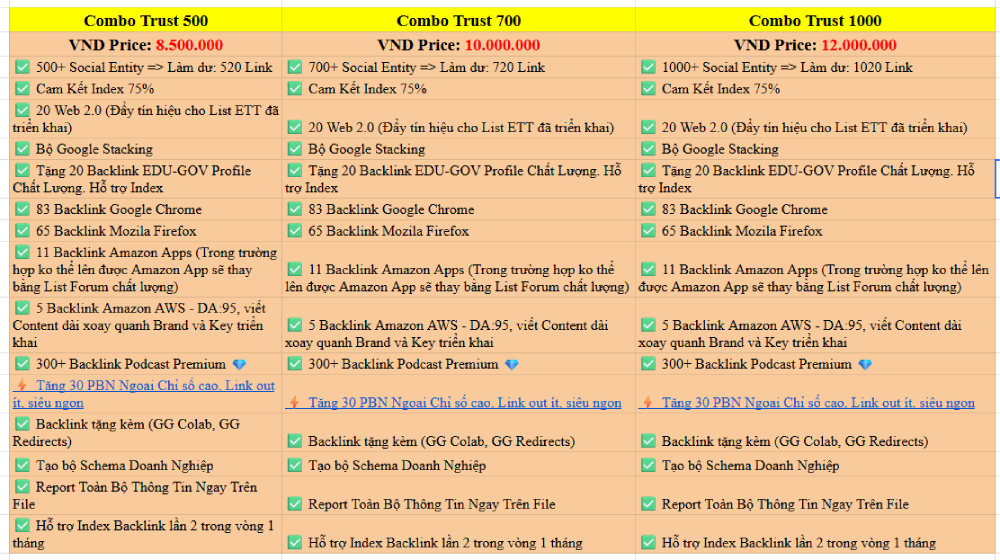 Bảng báo giá dịch vụ entity Social SEO